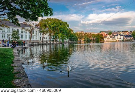 Stavanger, Norway - August 14 2022: View Of Lake Breiavatnet In The Evening, With Swans.