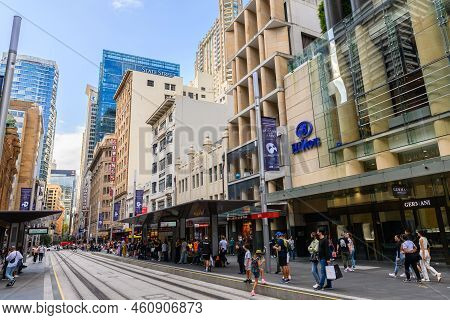 Sydney, Australia - April 16, 2022: George Street Viewed Towards North With The Hilton Hotel And Qvb