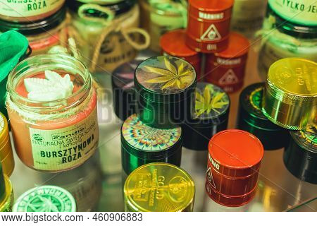 05.28.2022 Warsaw, Poland. Colourful Crashers Or Medical Marijuana Buds Storage Boxes Along With Hem