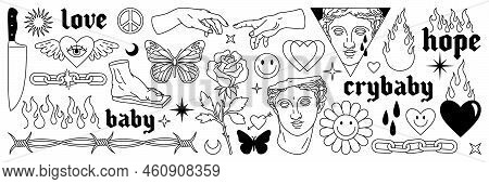 Tattoo Art 1990s, 2000s. Y2k Stickers. Butterfly, Barbed Wire, Fire, Flame, Chain, Heart And Other E
