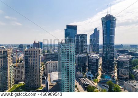 7.22.2022 Warsaw, Poland. Downtown District Full Of Neomodern Skyscraper Such As Warsaw Spire. Done 