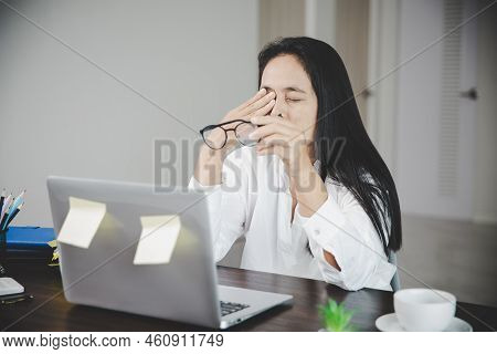 Young Business Woman Person Sleepy And Has Frustration Eye Problems With Cephalalgia Disease From Us