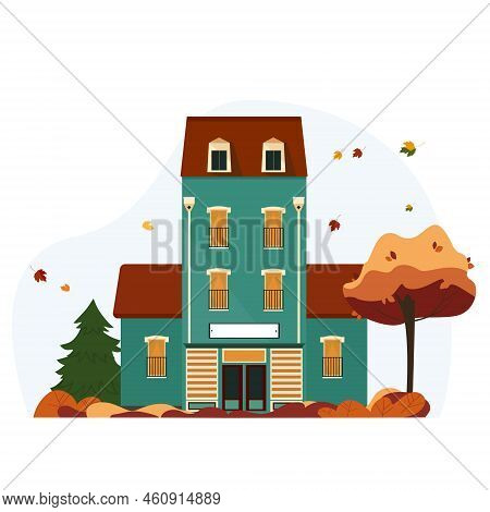 Family House In Autumn. A Building With A Tree, A Spruce And A Lantern In The Yard. Vector Illustrat