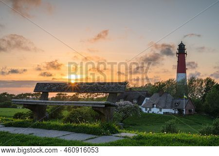 Panoramic Image Of Pellworm Lighthouse Against Sunrise, North Frisia, Germany