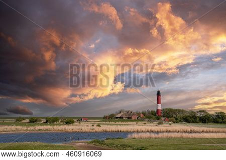 Panoramic Image Of Pellworm Lighthouse Against Sunrise, North Frisia, Germany