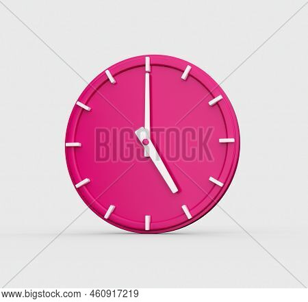Magenta Wall Clock Isolated On Gray Background With Shadow. Elegant Design, 5 O Clock 3d Illustratio