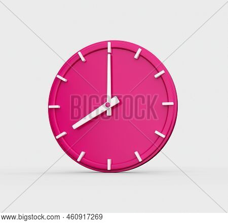 Magenta Wall Clock Isolated On Gray Background With Shadow. Elegant Design, 6 O Clock 3d Illustratio
