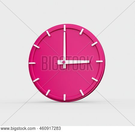 Magenta Wall Clock Isolated On Gray Background With Shadow. Elegant Design, 3 O Clock 3d Illustratio