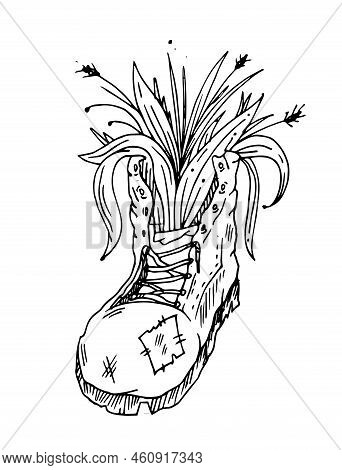 Flowers Grew In Soldier Boot. Forgotten War. Antiwar Picture. Outline Hand Drawn Sketch. Drawing Wit