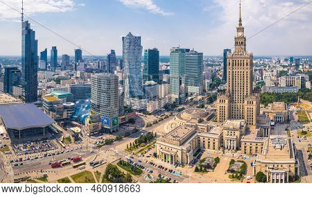 7.22.2022 Warsaw, Poland. Birds Eye Perspective Concept. Contrast Between Socialist Realism, Stalini