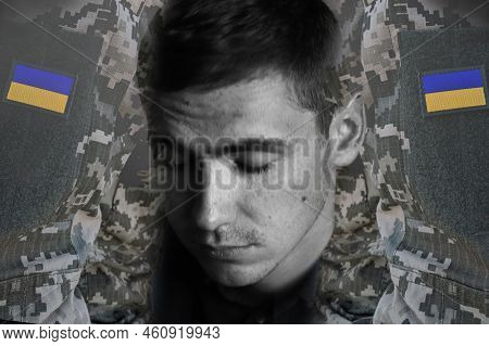 Defocus Ukrainian Man, Sodier. Mental Health. Nervous Male Military Suffering Depression, Ptsd Conce