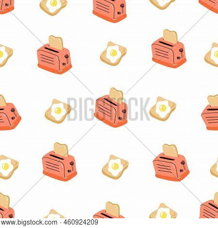 Seamless Pattern With Toaster And Toast. Toast With Frie Egg. Background For Tasty Breakfast, Food D