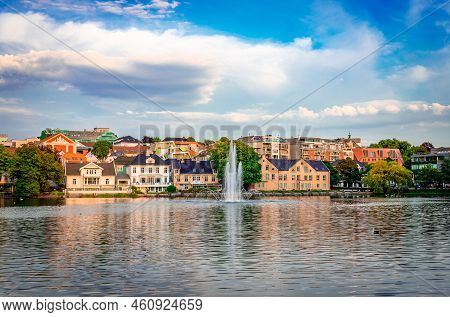 View Of Lake Breiavatnet In Stavanger, Norway, On A Summer Afternoon.