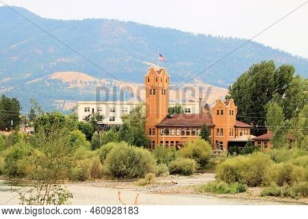 August 27, 2022 In Missoula, Mt:  Historical Railroad Depot Besides The Clark Fork River With Rugged