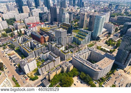 7.22.2022 Warsaw, Poland. Eclectic City Concept. Various Heights And Architectural Styles Of Buildin