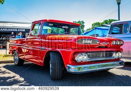 Falcon Heights, Mn - June 17, 2022: Low Perspective Front Corner View Of A 1960 Chevrolet Apache 10 
