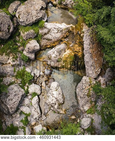 Drone Aerial Shot Of A Natural Wild Prionia River. Travel Destination Concept. Nature And Its Beauty