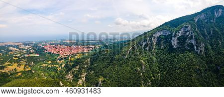 Mount Olympus, Greece. Long Panoramic Aerial Drone Shot At Leptokaria And Litochoro. Beautiful Natur