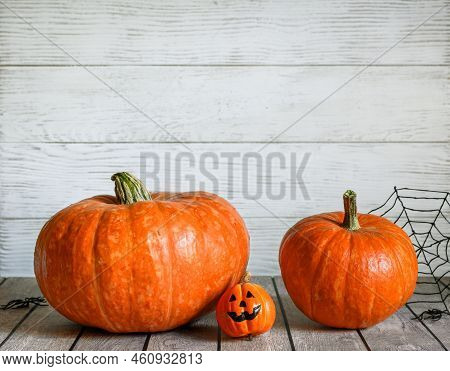 Halloween Pumpkins On Wood White Planks Background. Vegetables Set, Orange Food On Rustic Wooden Tab