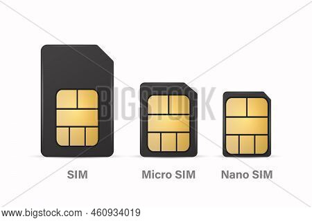 Vector 3d Realistic Black Plastic Sim, Micro Sim, Nano Sim Card Template Set Isolated. Design Templa