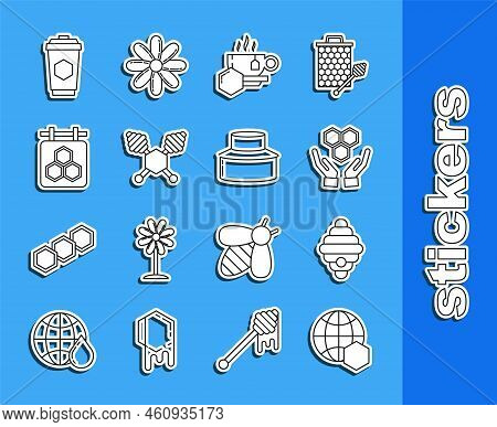 Set Line Honeycomb Map Of The World, Hive For Bees, And Hands, Cup Tea With Honey, Dipper Stick, Han