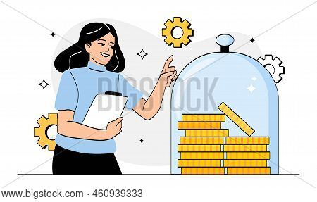 Protect Money Concept. Young Girl Keeps Her Savings In Glass Jar. Financial Literacy And Economics, 