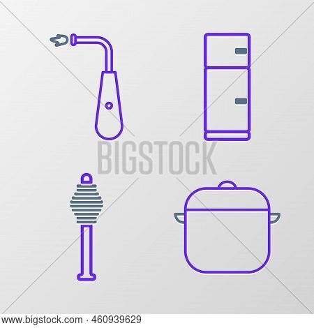 Set Line Cooking Pot, Honey Dipper Stick, Refrigerator And Long Electric Lighter Icon. Vector