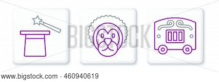 Set Line Circus Wagon, Magic Hat And Wand And Wild Lion Icon. Vector