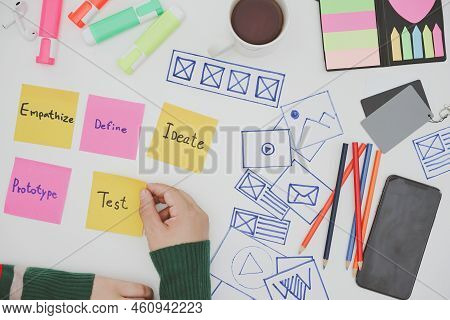 Creative Flat Lay Top View Photo Of Ux Designer Working Space And Office Supplies On White Backgroun