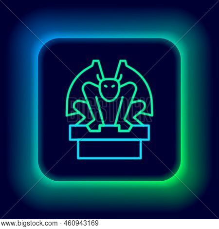 Glowing Neon Line Gargoyle On Pedestal Icon Isolated On Black Background. Colorful Outline Concept. 