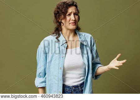 Irritated Evil Screaming Curly Female In Jeans Casual Shirt Scandals With Boyfriend Posing Isolated 