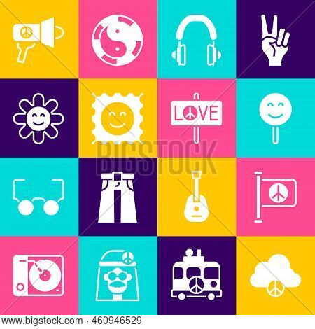 Set Peace Cloud, Flag Peace, Smile Face, Headphones, Lsd Acid Mark, Flower, Megaphone And Icon. Vect