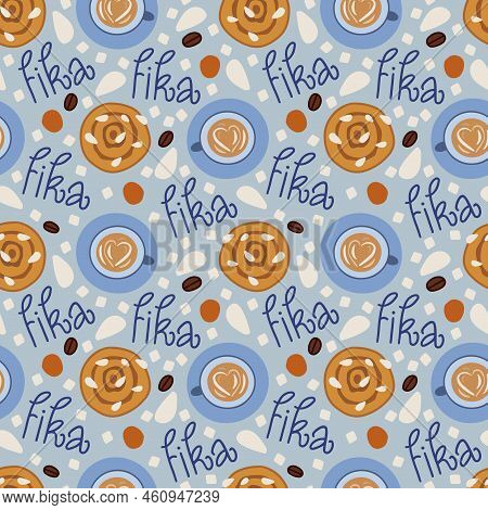 Fika Seamless Pattern. Cups Of Coffee Top View, Sweets And Word Fika On Blue Background.