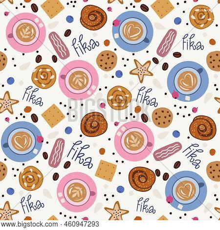 Fika Seamless Pattern. Cups Of Coffee, Sweets And Word Fika.