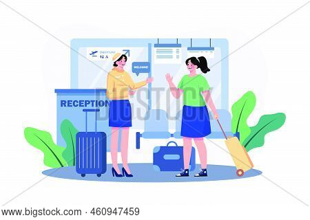 Hostess Greets Passengers At The Airport Reception