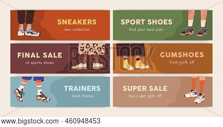 Fashion Sneakers Sale, Advertising Banners Designs Set. Sports Shoes Shop, Footwear Store Discount, 