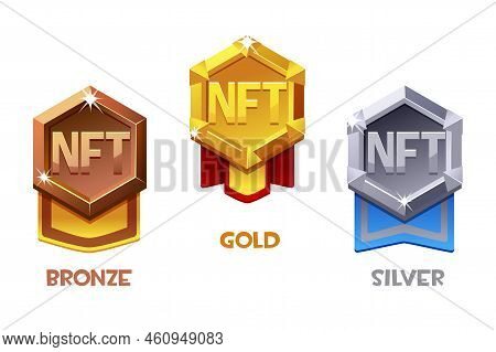 Nft Award Badge For Game Resources In Different Metals. Gold, Silver And Bronze Award Badge. Cryptoc