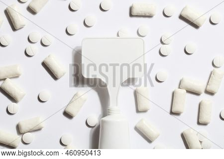 Titanium Dioxide, E171, Dangerous Additive Concept. Gum, Pills, Toothpaste Or Cream And Sign With Sp