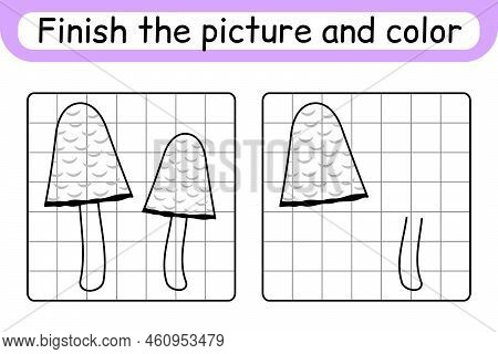Complete The Picture Mushroom Coprinus. Copy The Picture And Color. Finish The Image. Coloring Book.