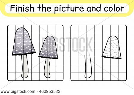 Complete The Picture Mushroom Coprinus. Copy The Picture And Color. Finish The Image. Coloring Book.