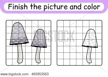 Complete The Picture Mushroom Coprinus. Copy The Picture And Color. Finish The Image. Coloring Book.