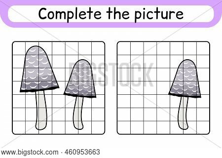 Complete The Picture Mushroom Coprinus. Copy The Picture And Color. Finish The Image. Coloring Book.