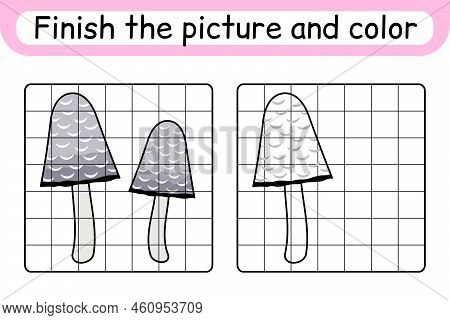 Complete The Picture Mushroom Coprinus. Copy The Picture And Color. Finish The Image. Coloring Book.