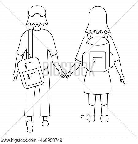 Schoolchildren Go To School Hand In Hand. Sketch. A Boy In A Cap With A Bag For Textbooks. Girl With