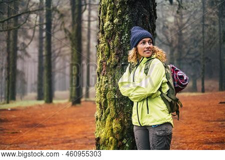 Alone Woman With Cold And Winter Clothes Enjoy The Outdor Leisure Activity In The Forest The Forest 