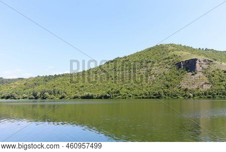 Landscape On The Banks Of A Big River With Calm Water. Dniester River Tributary, Ukraine.