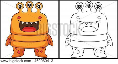 This Coloring Page Shows A Monster Three-eyed. One Side Of This Illustration Is Colored And Serves A