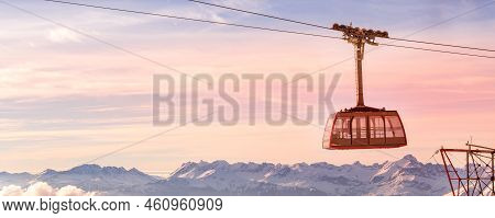 Chamonix Mont Blanc, France Cable Car Cabin At Aiguille Du Midi And Pink Sunset Sky, French Alps