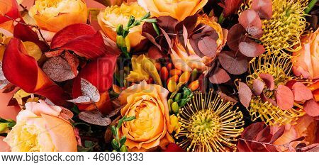 Red Pink Orange Autumn Colorful Fall Bouquet. Beautiful Flower Composition With Autumn Orange And Re