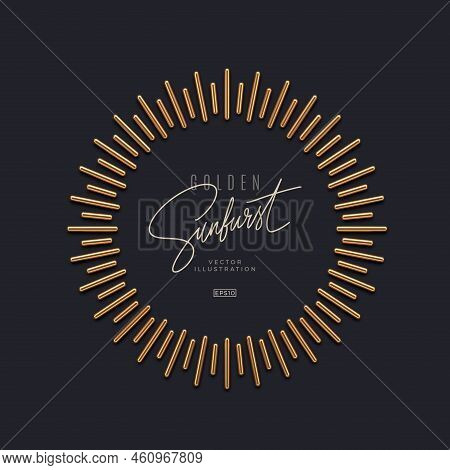Realistic Gold Metal Sunburst Rays On Dark Background And Copy Space. 3d Render Vector Illustration